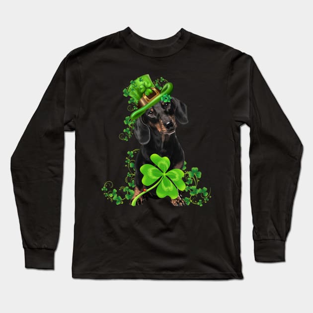 Lucky Black Dachshund Shamrock St Patrick's Day Long Sleeve T-Shirt by Brodrick Arlette Store